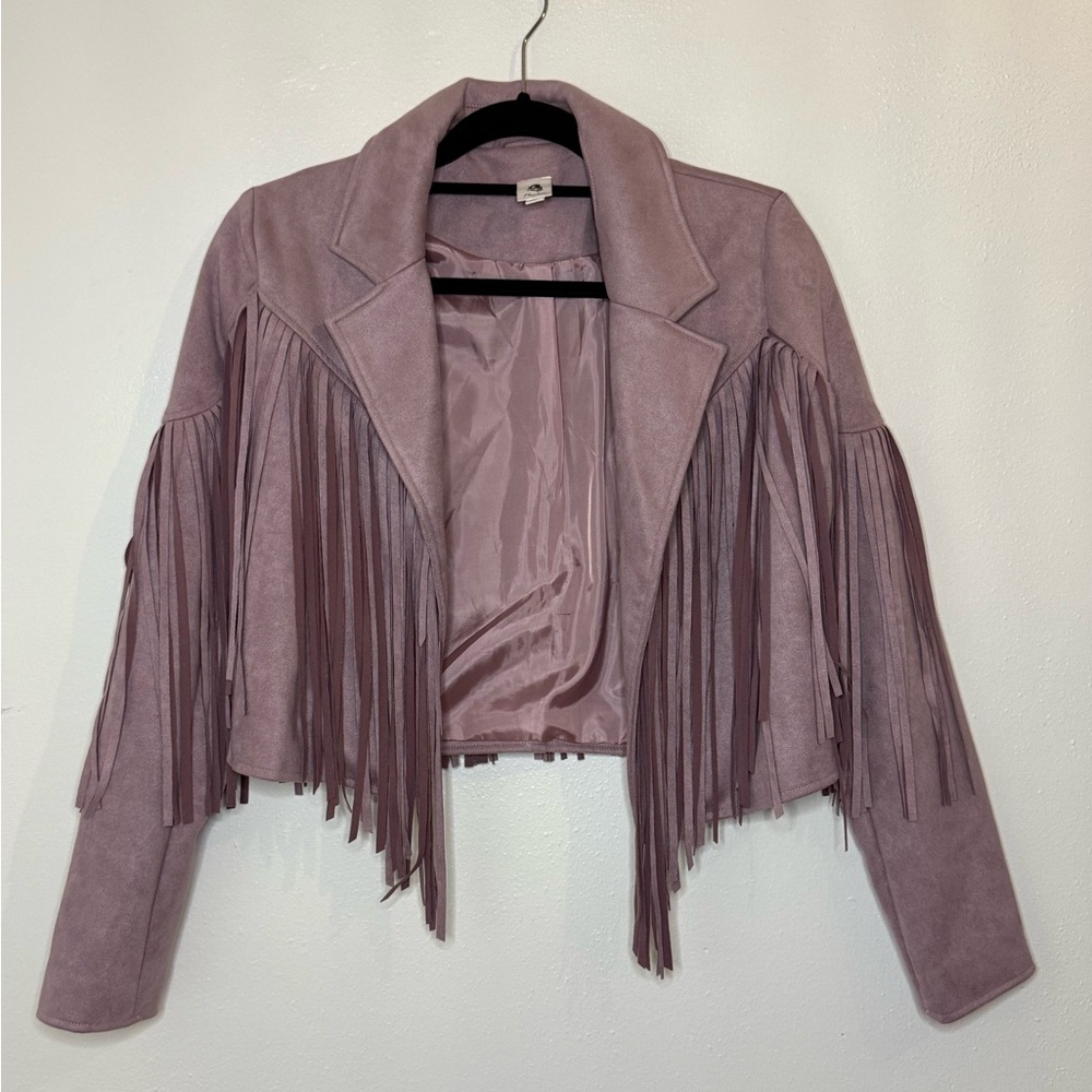Fringe Faux Suede Jacket in Mauve
